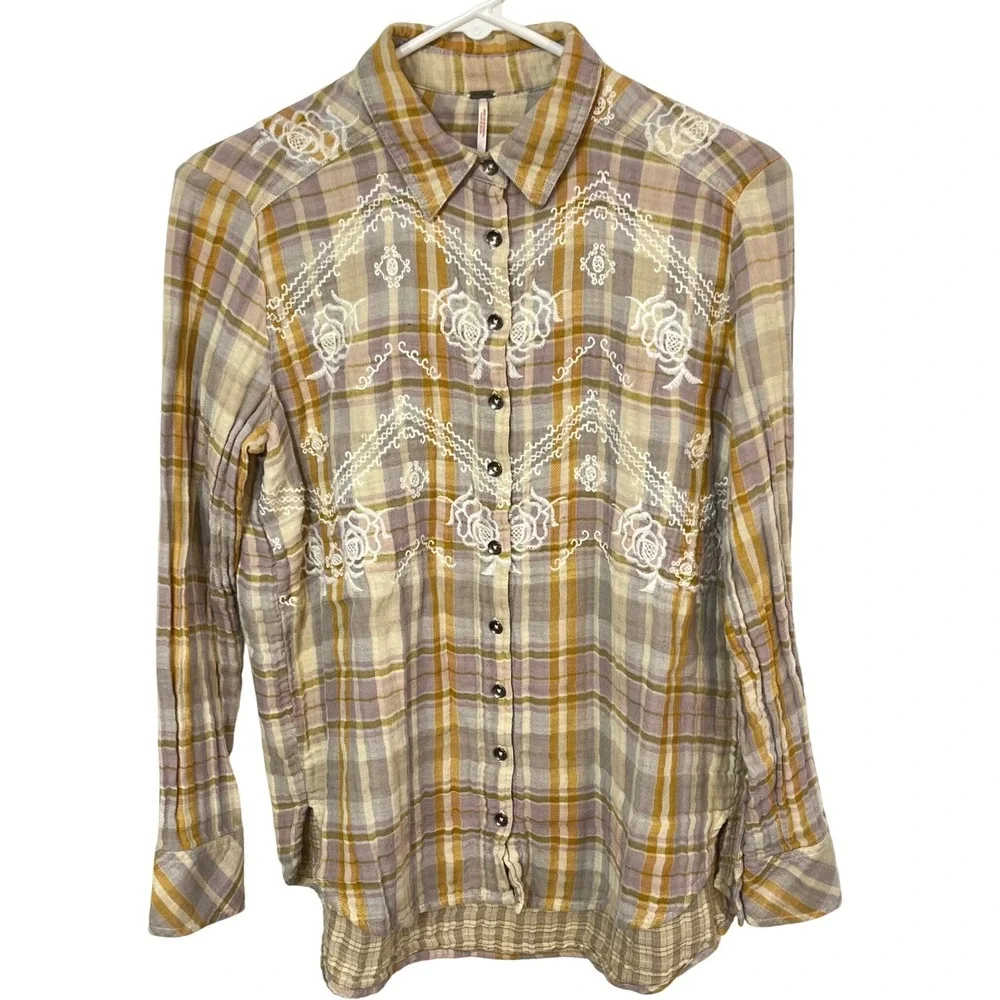 Free People Magical Plaid‎ Embroidered Button Up Western Shirt Women's Size XS
